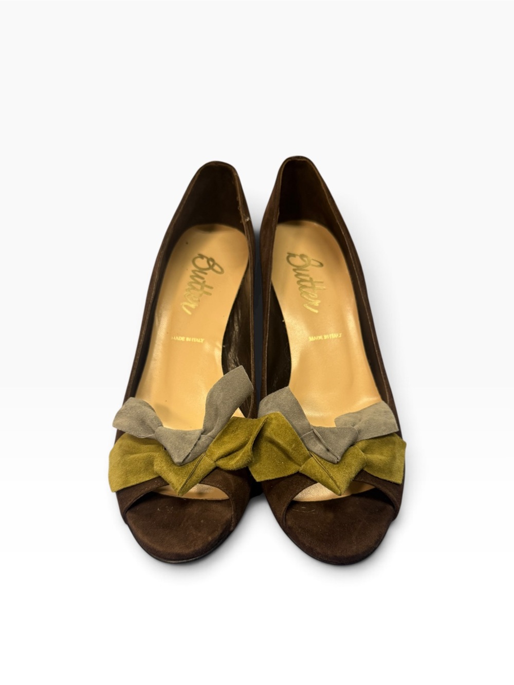 Suede Brown Peep-Toe Heels with Olive Bow - Picture 2 of 6